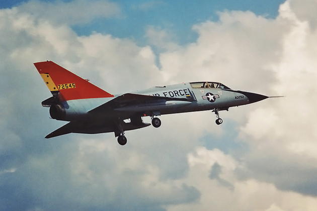 F-106B 57-2545 in drone colors, assigned to Tyndall's 82nd Aerial Target Squadron, on final to Dobbins ARB, GA during Hurricane Erin evacuation in August 1995.