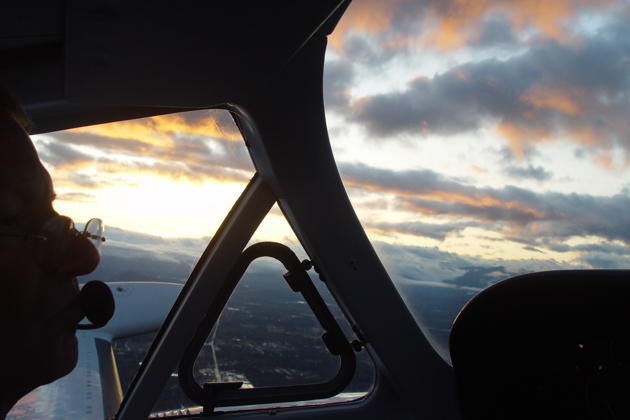 Climbing out from Auburn, WA at sunrise in Doug Happe's Cessna 340.