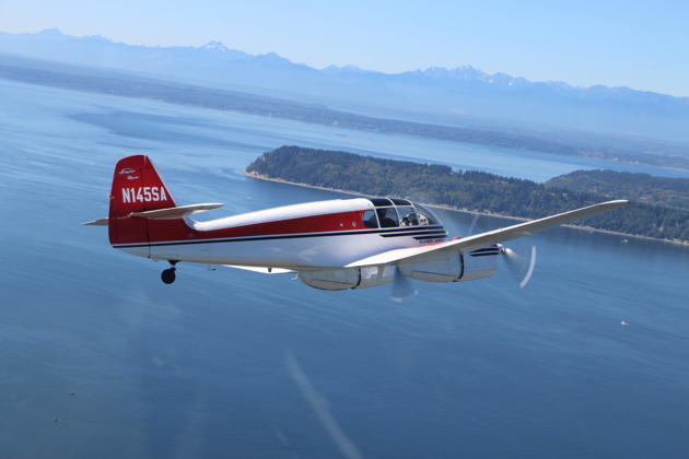 Bill Shepherd's Super Aero 45 over the Puget Sound, viewed from Smokey Johnson's T-6.