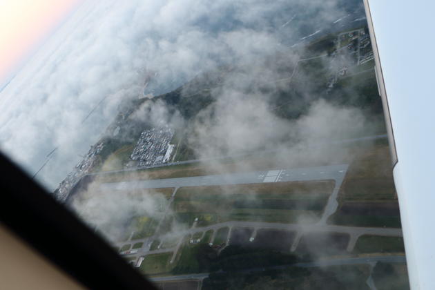 Half Moon Bay airport in the mists as we circle to land in the Cirrus.