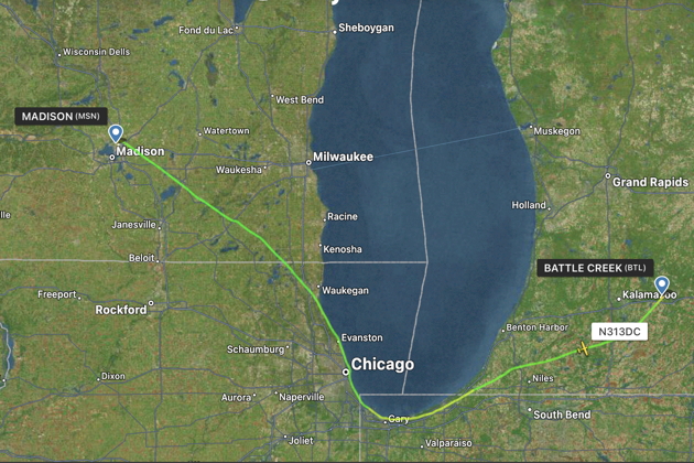 Our flight track from Madison, WI to Battle Creek, MI on Day 5.