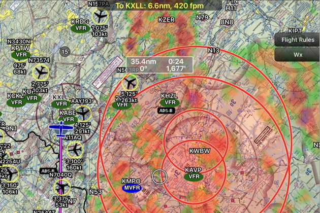 Arriving at Allentown, PA, while avoiding a large Presidential TFR and approaching storms on Day 13.