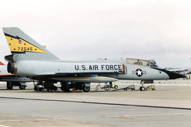 F-106B 57-2545, in the 5 FIS colors as I flew her from Minot AFB, ND on 6 Dec 1984. Photo by Gerhard Plomitzer.