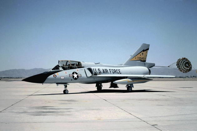 F-106B 57-2545 visiting Luke AFB, AZ with its drag chute still deployed. Photo by an F-16 crew chief.