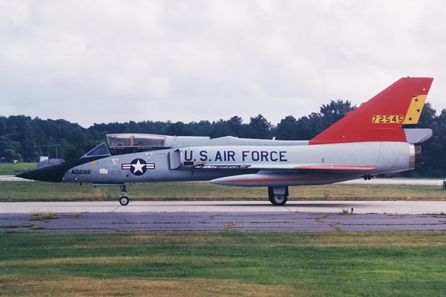 F-106B 57-2545 in drone colors, assigned to Tyndall's 82nd Aerial Target Squadron, passing through Dobbins ARB, GA during Hurricane Erin evacuation in August 1995.