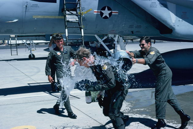 Getting dunked by Randy Muncy and Barry Barr after my first F-15A flight in 76-070 on 2 June 1978.