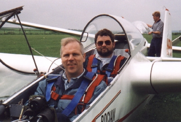 Polish Bocian two-seater trainer, instructor Mike Edwards at 'The Park' Gliding Club, UK.