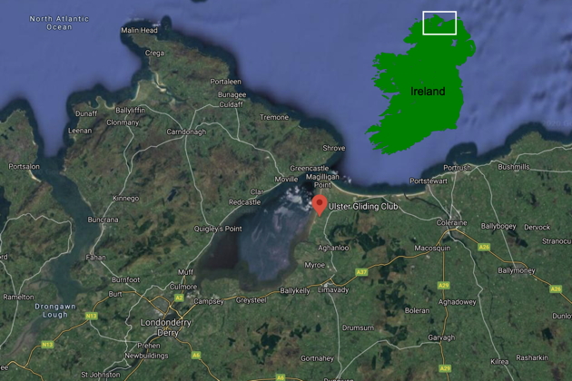 A map of the Ulster Gliding Club's Bellarena airport location in northern Ireland. Main map courtesy of Google Maps.