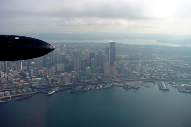 The Seattle skyline from the T-33 cockpit, en route to Boeing Field.