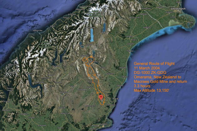 General route of the DG-1000 cross-country flight from Omarama to Macraes Gold Mine and return.