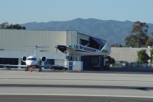 Jim Cummiskey departing in his Swift from the Santa Monica airport.