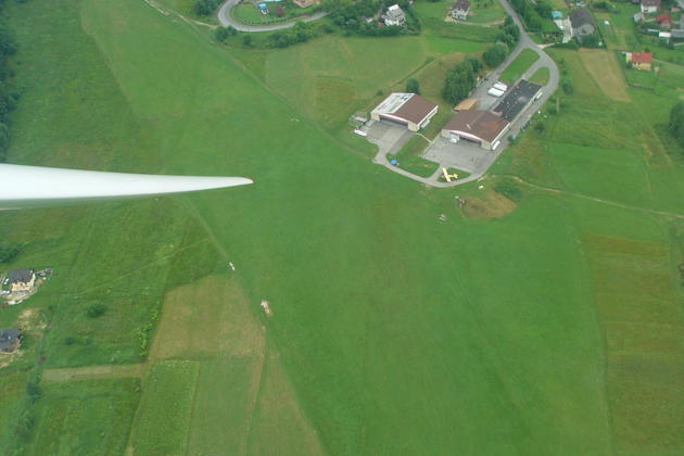 'Turnpoint photo' of the grass glider runway and hangar on the hillside at Miedzybrodzie Zywieckie, Poland.
