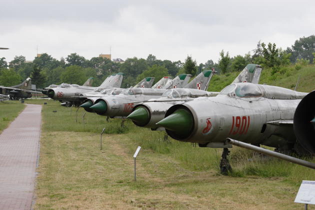 A long lineup of MiG-21s and Sukhois at the Polish Aviation Museum in Krakow, Poland.