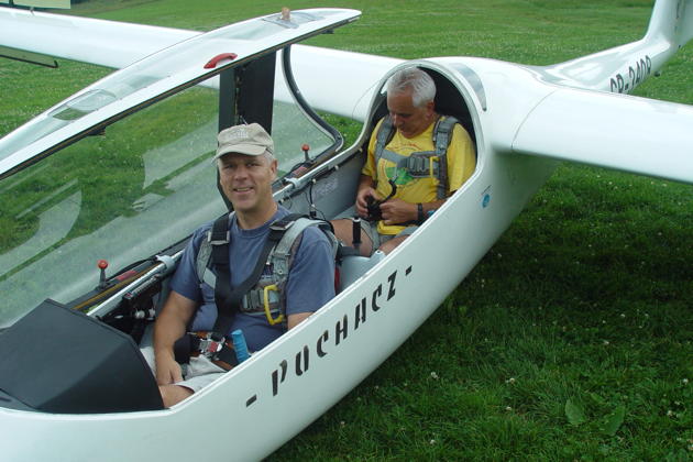 Ready for launch in the Puchacz with Miroslaw Nawoj, at the Mountain Gliding School Zar. Photo by Theresa Kasprzyk.