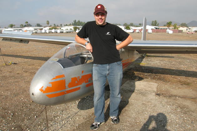 David after completing his Private Pilot glider checkflight on 22 Dec 2006 at Hemet, CA in OC Soaring's L-13. Photo by Mary Rust.