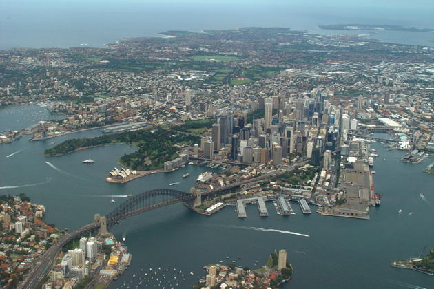 A nice view from United's 747 upper deck of downtown Sydney, the Harbor Bridge and the Opera House.