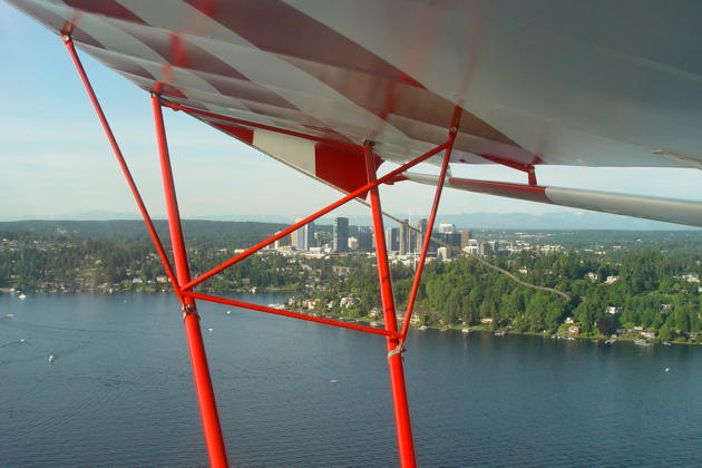 Cruising at low altitude over Lake Washington in the Kitfox, with Bellevue in the distance.