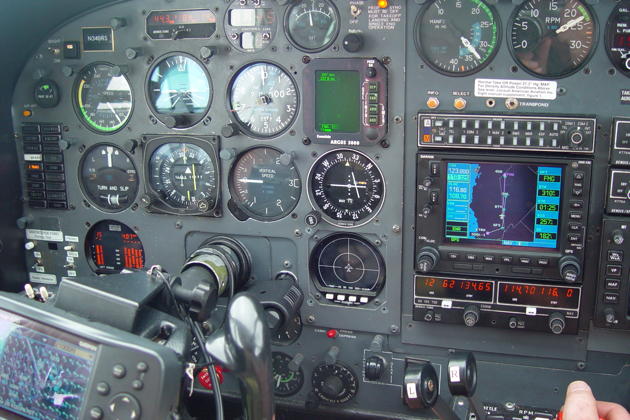 A Cessna 340 cockpit view at Flight Level 200 coming up to Blythe, NV.