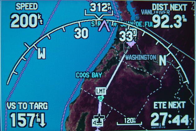 Cruising at 200 knots over northern California enroute to Klamath Falls, and then on to Auburn, WA, viewed on my Garmin GPSMap 296.