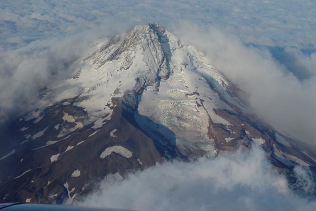 The northeast face of Mt. Hood, with the prominent Eliot Glacier, as we climbed into Oregon skies.