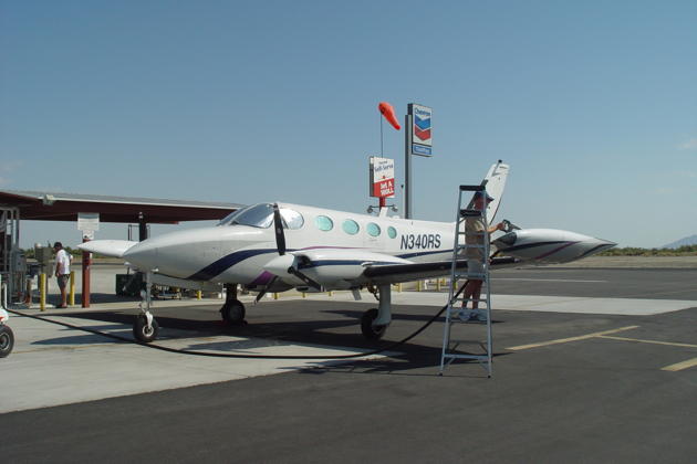 Refueling the Cessna 340 in 108-degree heat at the Thermal, CA airport.