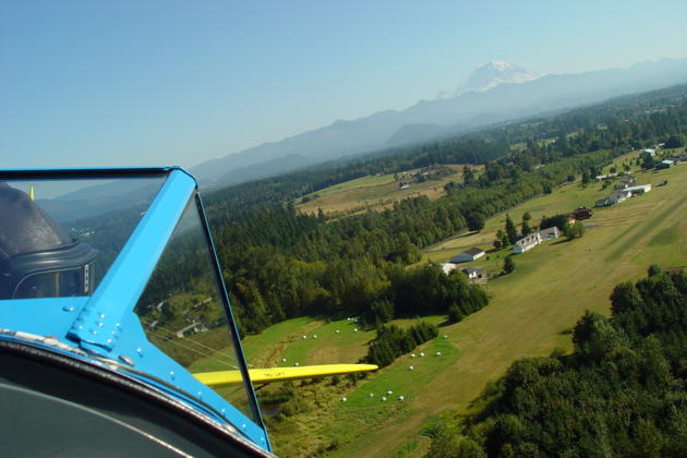 Climbing out after a low pass at Evergreen Sky Ranch airport.