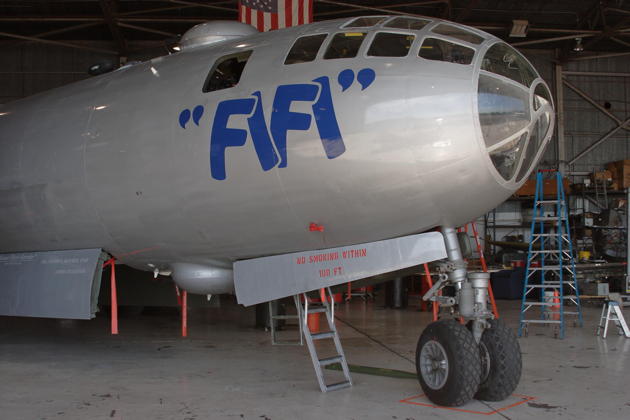 The impressive front fuselage and massive nose gear of B-29 FIFI.