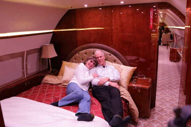 Now that's what I call lay flat seating! Relaxing in the BBJ sleeping suite. Photo by Mark LaVille.
