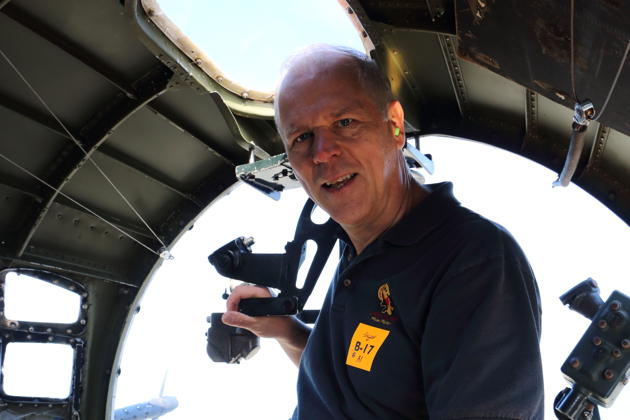 Enjoying the view from the B-17 front gunner's position.