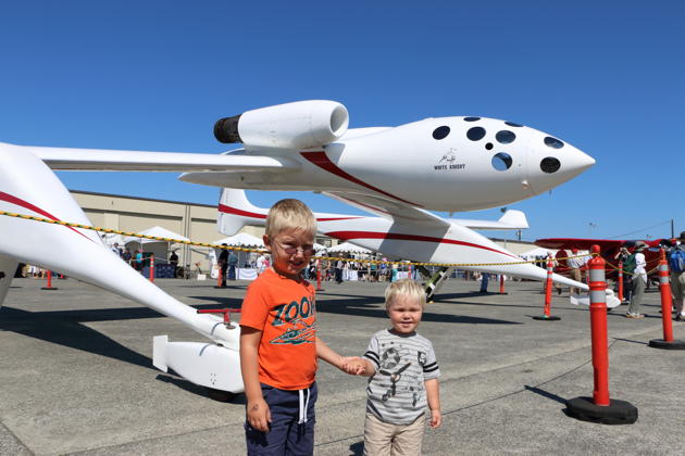 Alex and Nathaniel in front of the White Knight launch aircraft at the Everett, WA Flying Heritage Collection.