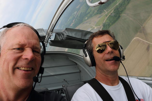 Enjoying the 'RV Grin' while in a tight turn in the RV-6 with 'Mikey' Isenberg.