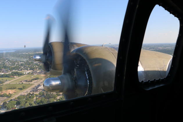 The Wright R-1820 engines of B-17 Aluminum Overcast humming in-flight.