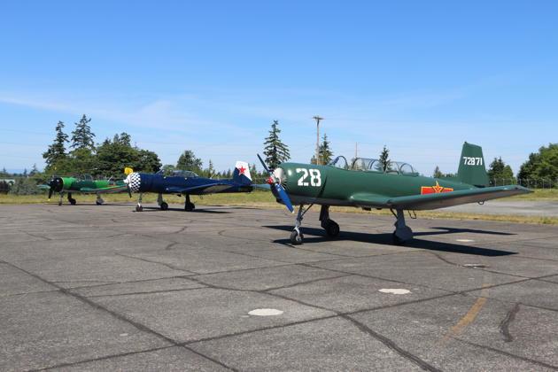 Three Nanchang CJ-6As ready to fly at the Paine Field, WA formation clinic, owned by Larry 'Spooky' Pine (N8181C), Brad Engbrecht (C-GYKK), and Justin Drafts (N280NC).