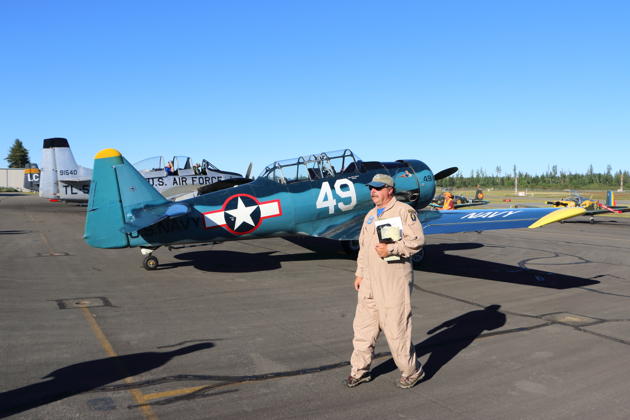 Smokey Johnson and his T-6, after my formation flight in his backseat. We flew with Brian Beard in T-6/Harvard C-FWBS.