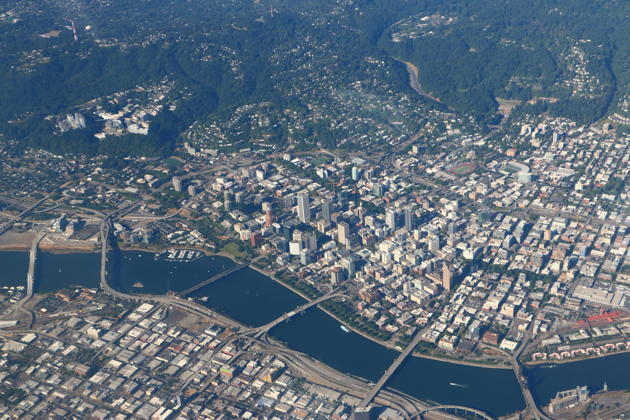 A nice view of Portland, OR after we were vectored by Portland Approach over the top of Portland International Airport.
