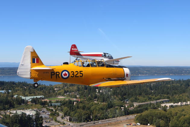 Bill Findlay's Harvard and Bill Shepherd's Super Aero 45 on initial at Paine Field, viewed from Smokey Johnson's T-6.