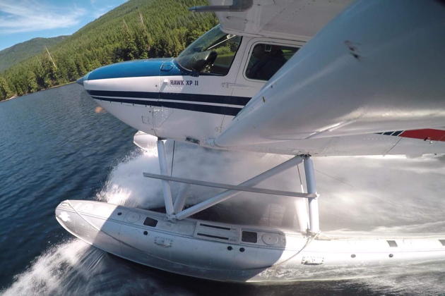 GoPro view of our water landing at Calligan Lake in the Cascade foothills in the BEFA Cessna 172 floatplane. Photo by James Polivka.