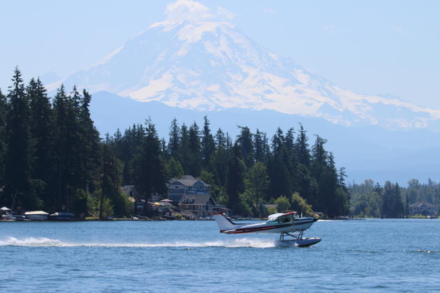 Floatplane operations on Lake Tapps in the BEFA 172 floatplane with Mt. Rainier looming in the distance.
