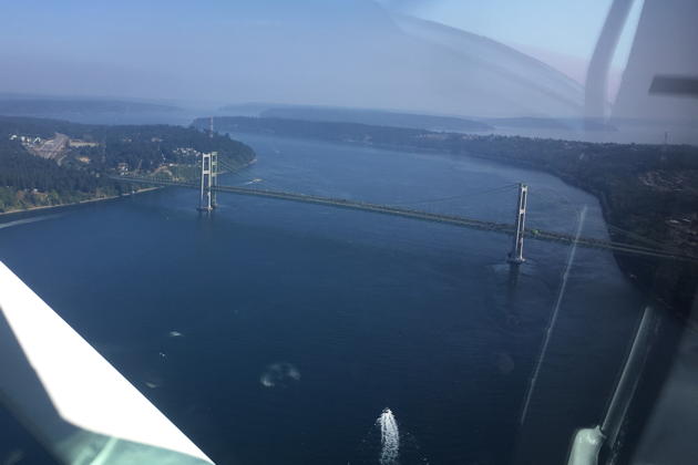 Approaching the Tacoma Narrows bridge in Chris Marshall's Cessna 150. Photo by Chris Marshall.