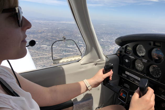 Theresa flying as pilot-in-command in 3DC as we approach our LAX flyover en route to Torrance.