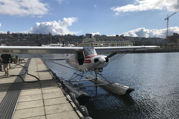 Refueling our SuperCub N390CC at the Kenmore Lake Union docks in downtown Seattle, on a beautiful late winter afternoon.