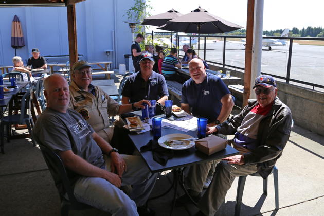Roger Collins, Dave Desmon, Smokey Johnson, Dan Shoemaker and Bob Meyer enjoying lunch at the Hub Restaurant, treated for Memorial Day by an anonymous diner. Photo by The Hub Staff.