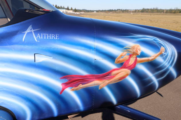 Nose art on Jim Ruttler's RV-10, depicting Aithre, the Greek goddess of sight and of bright blue skies.