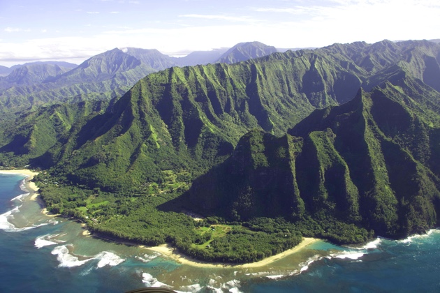 Flying by the northern portion of the Na Pali coast, by Ha'ena State Park and Ke'e Beach.