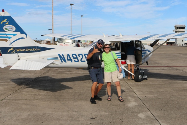 Mary and Bruce Coulumbe after enjoying our flight with Wings Over Kauai at the Lihue airport.