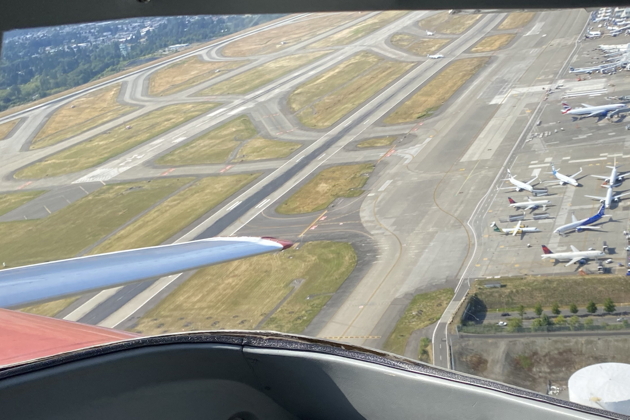 A farewell view of SeaTac from the Cessna 150 after our two touch and go landings.