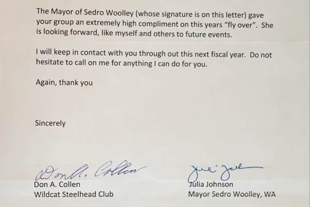 Thank You memo from our Sedro-Woolley event coordinator Veteran, and the mayor of Sedro-Woolley.