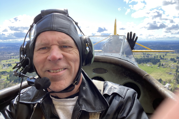 Cruising in the open cockpit of the N3N with Tom Jensen.