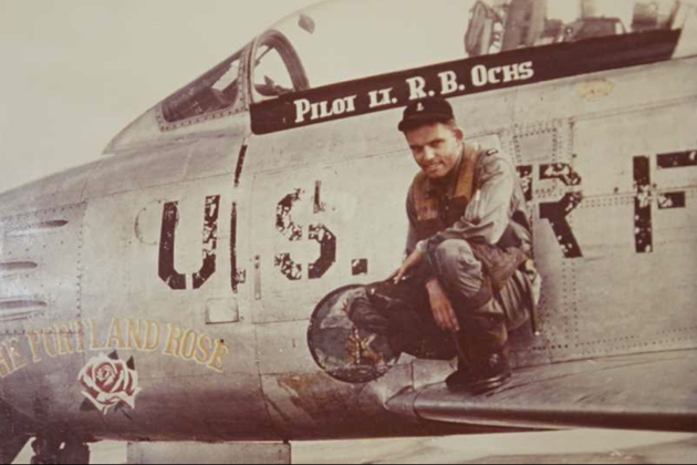 Ron Ochs, who restored the N3N, with his F-86 in Korea. Photo courtesy of the Ochs Family.