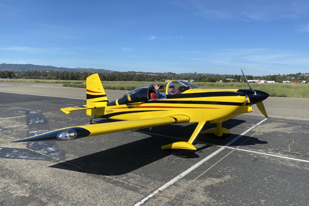 Doug Happe in his RV-7 after landing at Concord, CA (KCCR).